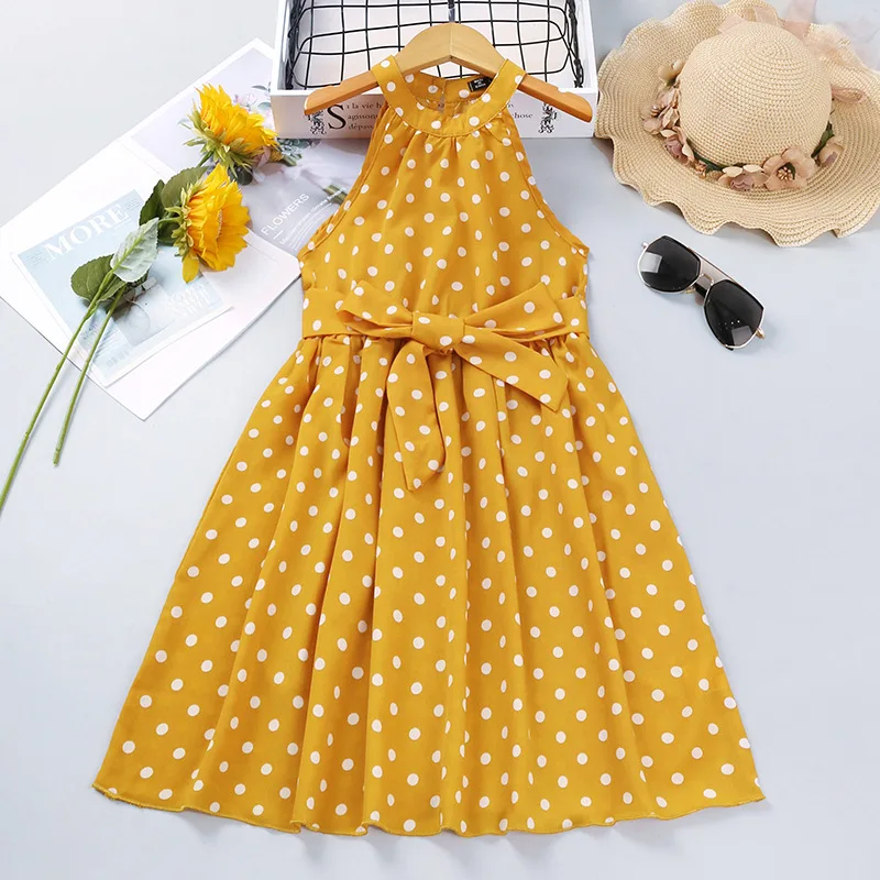 

Kids Children New 2022 Summer Polka Dot Sleeveless Halterneck Costume Evening Princess Dresses For Girl Casual Clothes 5-12 Year