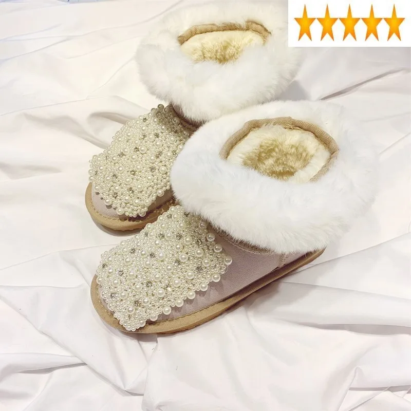 

Leather Manual Genuine Pearls Beading Womens Snow Boots Flat With Natural Cowhide Ankle Boot Slip-On Warm Furry Cotton Shoes