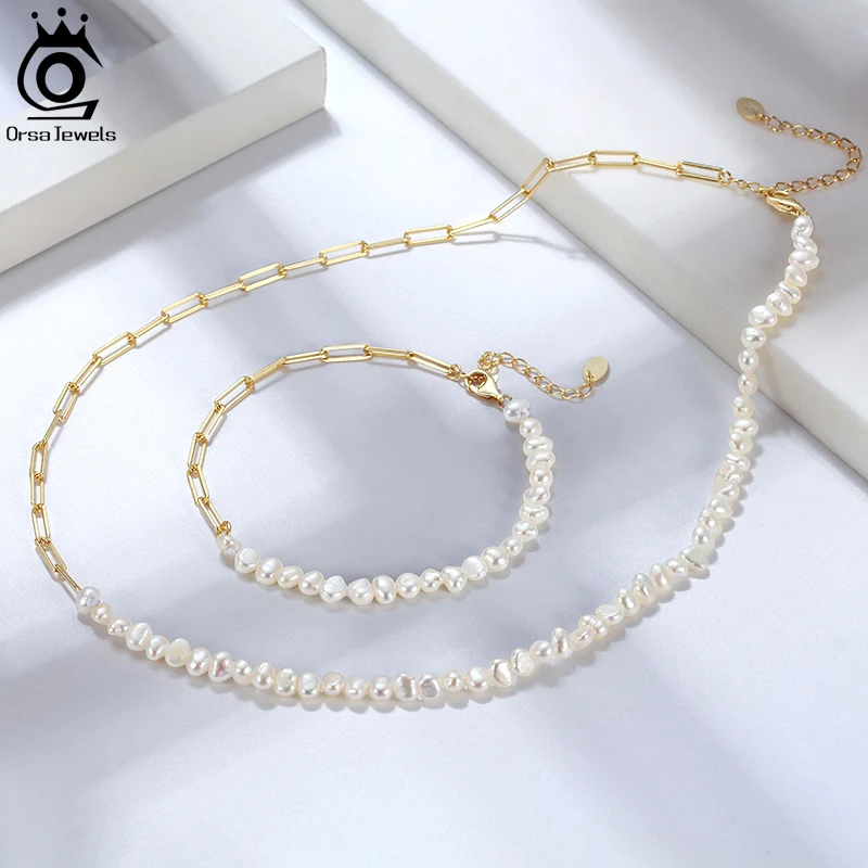 ORSA JEWELS Natural Freshwater Pearls Beaded Necklace with Paperclip Chain 925 Silver Necklace Bracelet Pearls Jewelry Set GPN13