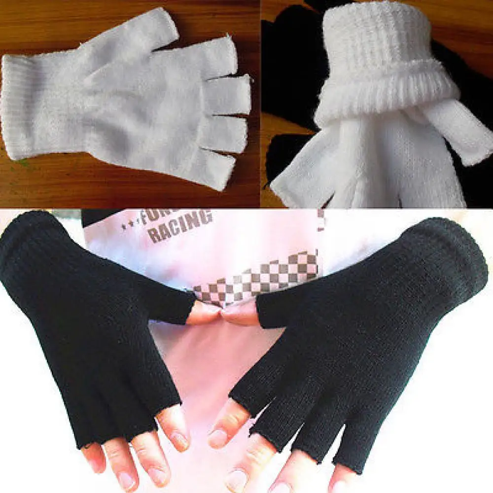 Gants sans doigts tricotés unisexes pour femmes et hommes, mitaines demi-doigts, gants chauds, noir et blanc, document solide, hiver, 2023