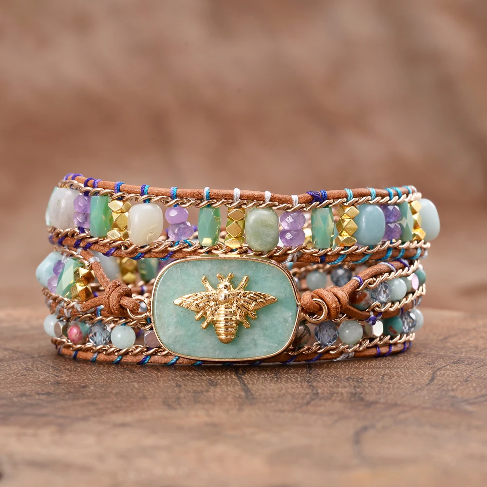 New Bee Charm 3 Strands Leather Wrap Bracelet Amazonite Natural Stone Crystal Weaving Statement Bracelet Bohemian Jewelry