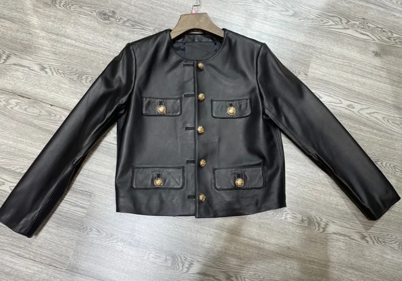 Chaqueta de cuero de doble botonadura para mujer, abrigo de cuero real suave con cuello redondo y botones de metal, novedad