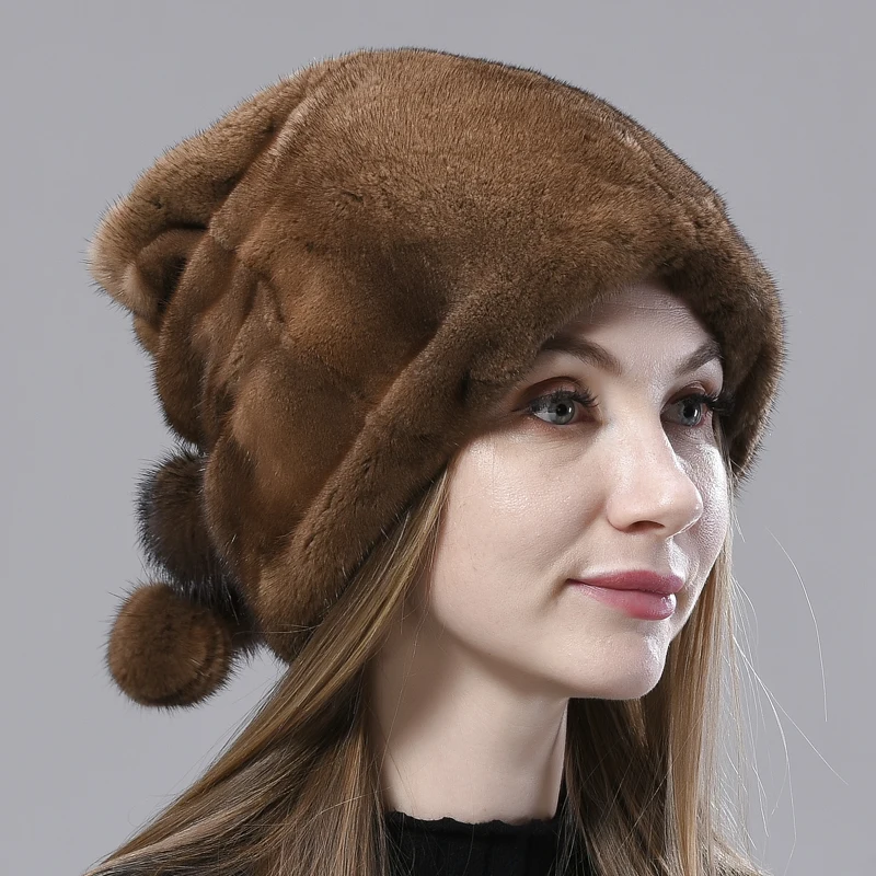 

Fur Hat Women Natural Mink Fur Luxury Winter Stylish Hat Ball Snow Cap Elegant Female Thick Warm Hats