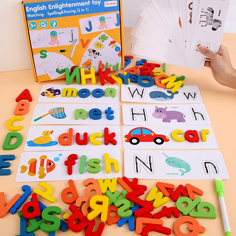 New Kids Wooden Alphabet Letter Learning Cards Set Word Spelling Practice Game Toy English Letters Spelling Card Word Toys