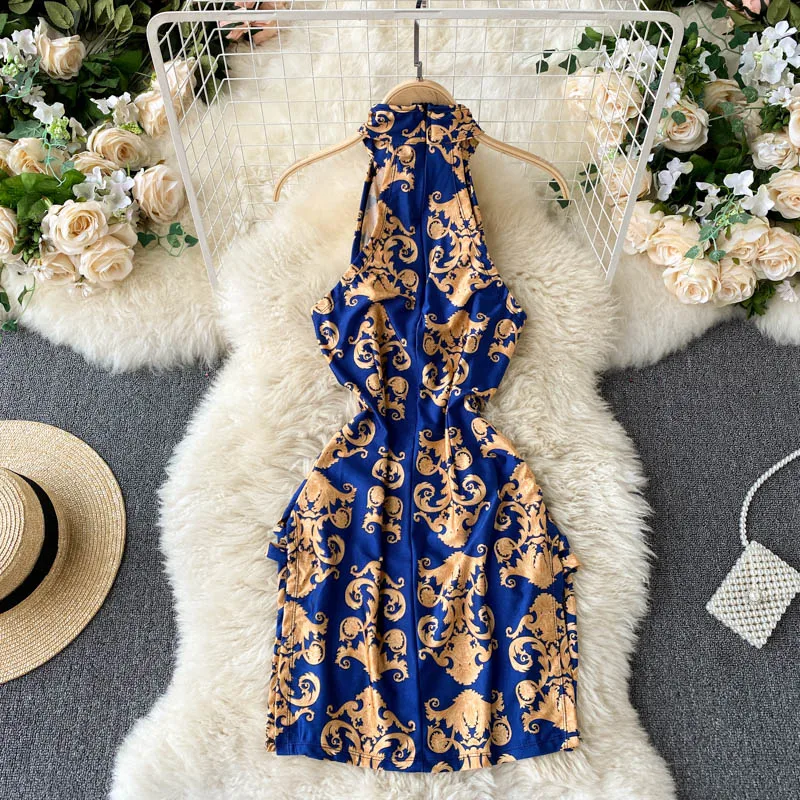 Vintage Printed Sleeveless Bodycon Dress Office Lady Work Dress Slim Pencil Dress Formal Party Dress Summer Sexy Club Dress