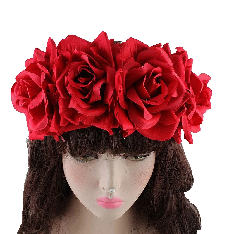 Women\'s Hawaiian Stretch Rose Large Flower Floral Crown for Garland Party  Day of The Dead Headband Costume Mexican Headpiece