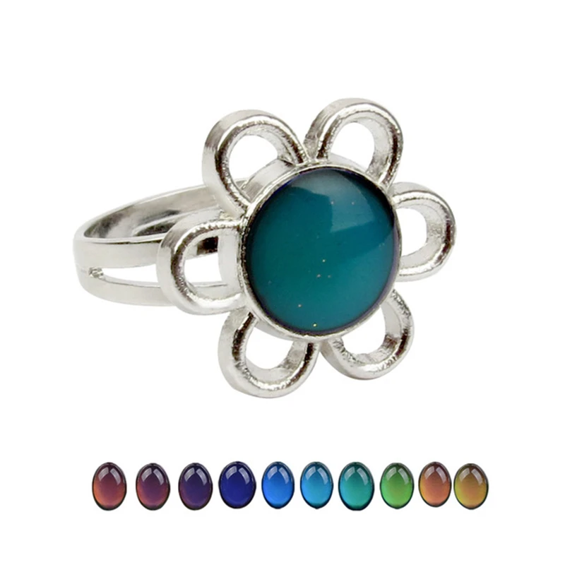 Flower Mood Ring Color Change Mood Ring Adjustable Emotion Feeling Changeable Temperature Ring Jewelry For Women Men Kids Gifts