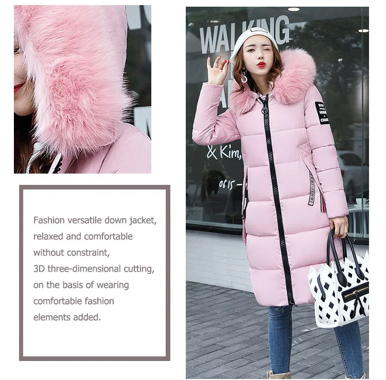 2025 Women's Down Parkas Winter Jacket Big Fur Collar Thick Slim Coat Fashion Hooded Cotton Outerwear Long Winter Woman Coat