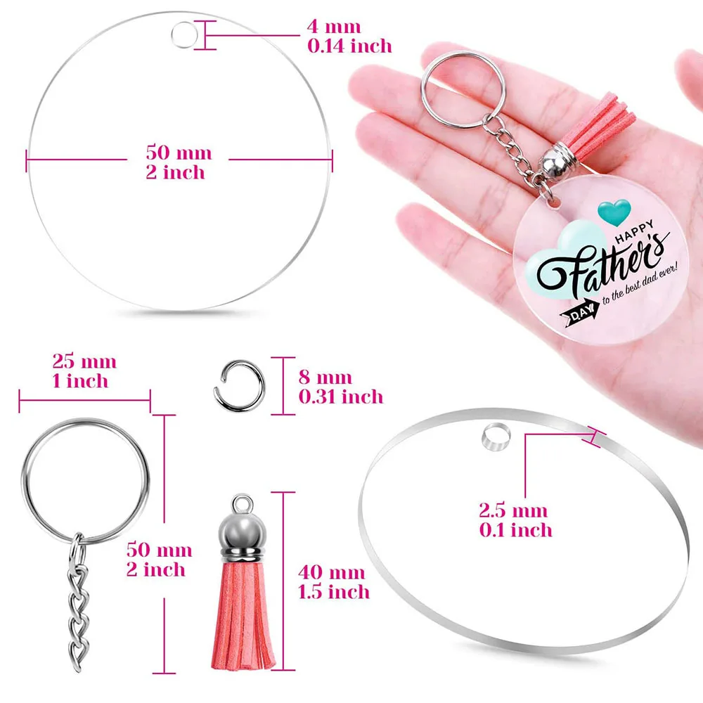 120pc=30sets Acrylic Clear Keychain Rings Transparent Blank Round Circle Tassels Keyring Set DIY Drawing, Carving, Sticker Decor