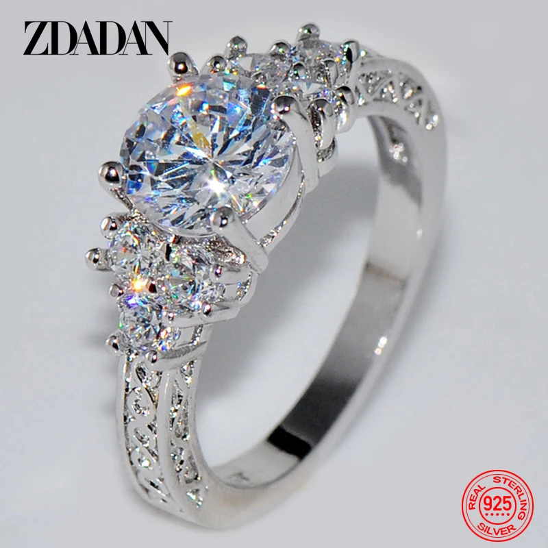 ZDADAN 925 Sterling Silver 8MM Zircon Finger Ring For Women Fashion Wedding Jewelry Accessories Wholesale