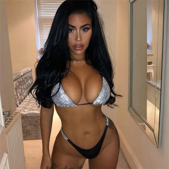 Sequins Bikini Set Women Rhinestone Crystal Push Up Padded Bra Thong Swimwear Bathing Suit Swimming Suits