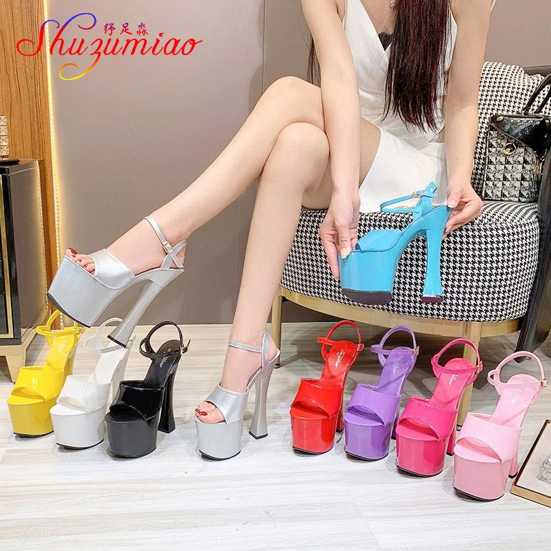 17CM Model Stage Sandals Candy Color Women Ultra High Heel Sandals High Waterproof Platform Lady Catwalk Steel Tube Dance Shoes