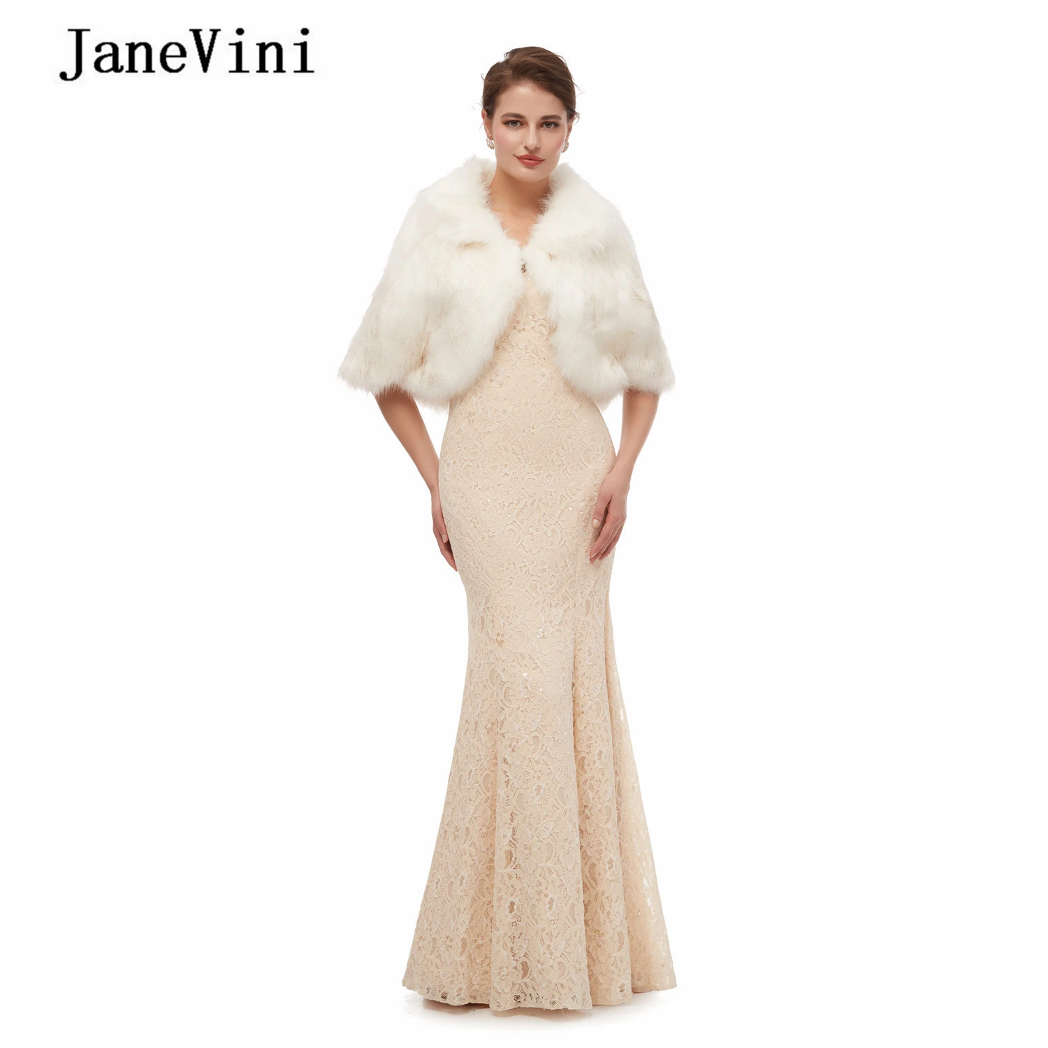 

JaneVini Elegant Faux Fur Wedding Shrug Bolero Winter Bridal Cape Fur Shawls Wraps Lapel Collar Wedding Jacket Women Accessories