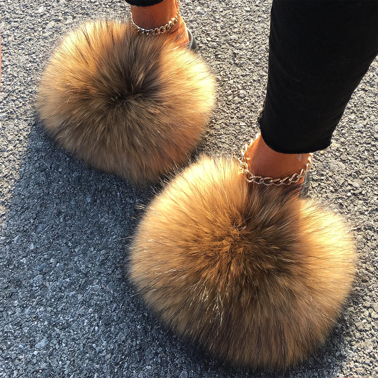 Extra grande chinelos de pele real raposa guaxinim pele slides plana flip flops praia designer sandálias bonito pelúcia cabelo sapatos peludos mulher