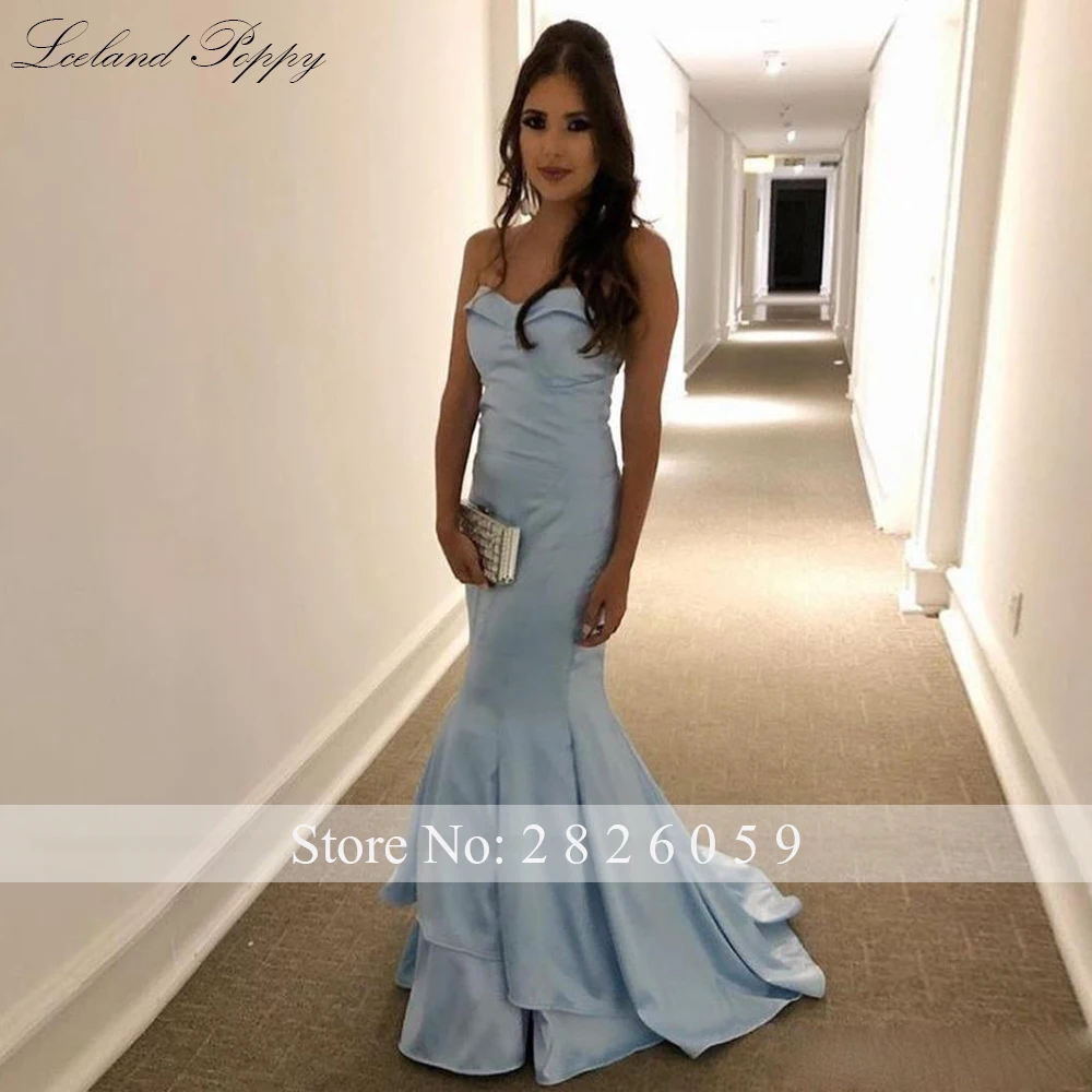 Lceland Poppy Elegant Strapless Mermaid Satin Evening Dresses Sleeveless Floor Length Formal Evening Gowns Tiered Robe de Soiree