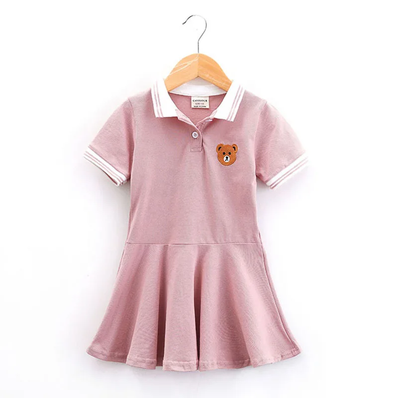 Girls Dress Summer Cute College Style Cotton Bear Embroidery Polo Pleated Dresses Casual Baby Girl Ruffled Dress Party Vestidos