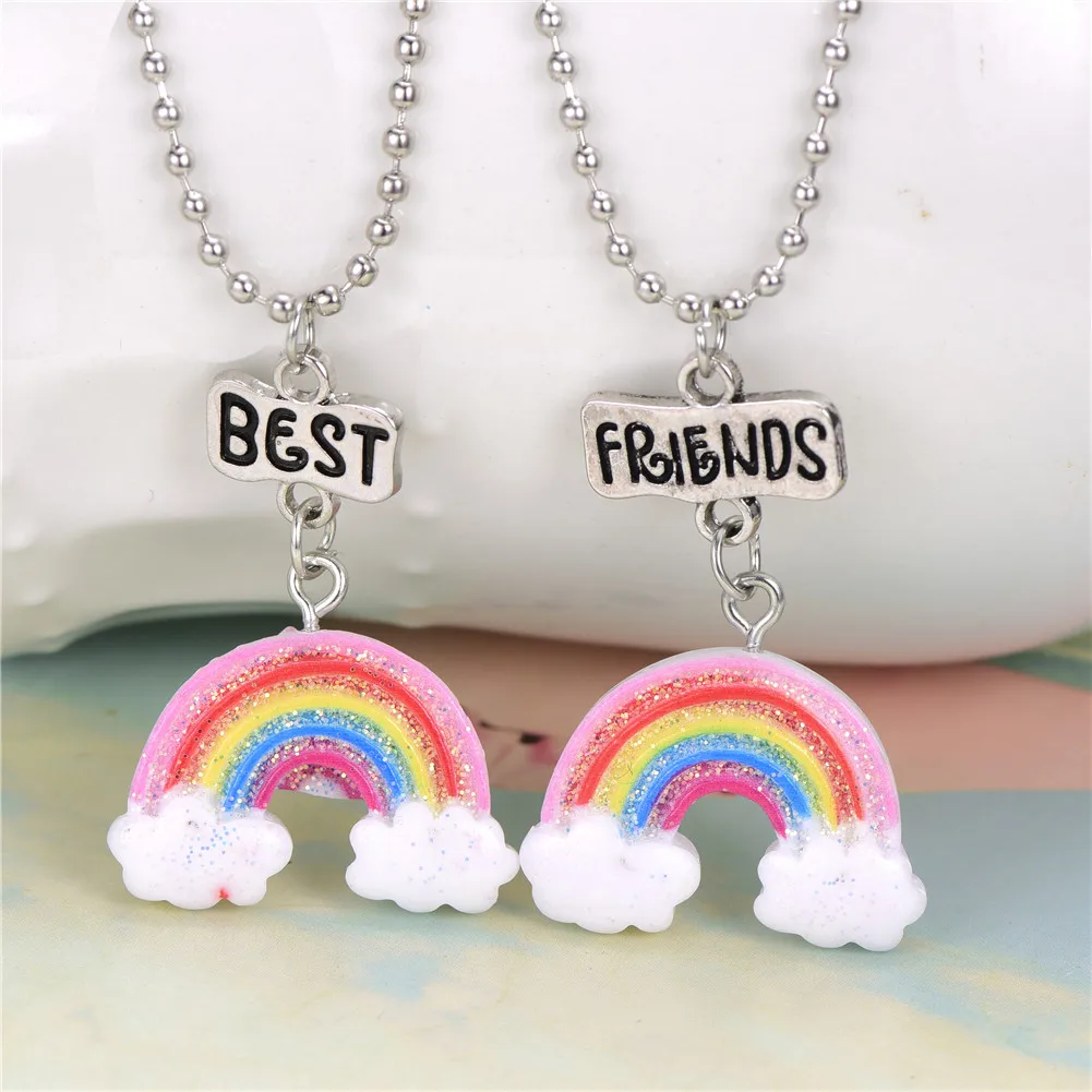 Kids Fashion 2 Pieces/Set Of Rainbow Pendant Necklace Stitching Best Friend Style Necklace BFF Silver Color Chain Good Friend's