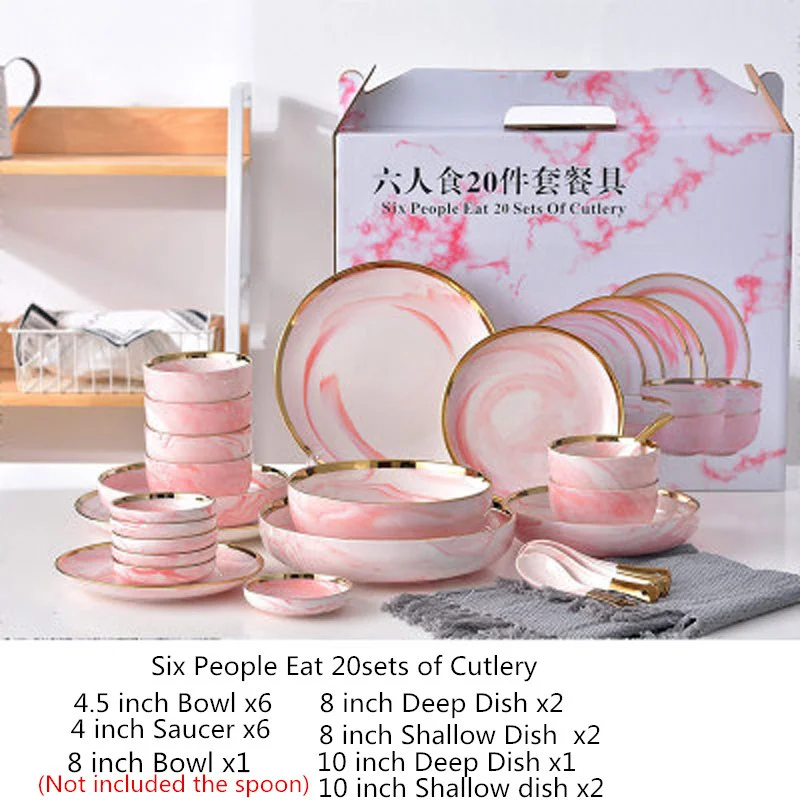 20pcs Pink/Grey Marble Ceramic Dinnerware Set Rice Salad Noodles Bowl Soup charge Plates Dish Kitchen Tableware For Family Use