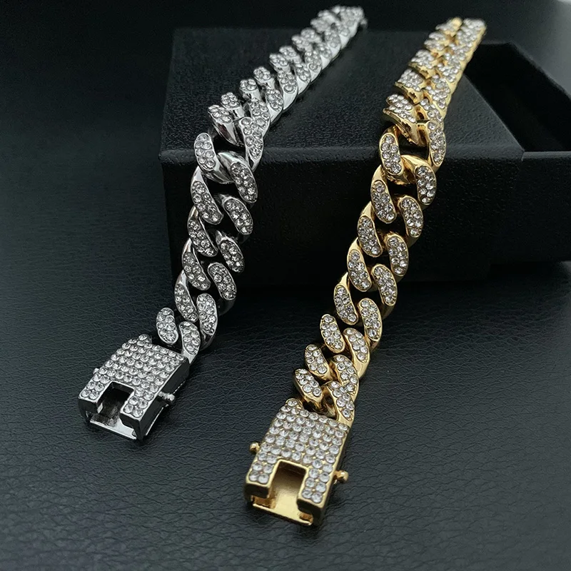 High-Quality  51g Hip Hop Full AAA Stone Bling Iced Out Pave Men\'s Bracelet Miami Cuban Link Chain Bracelets for Men Jewelry