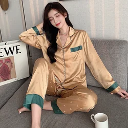 Lisacmvpnel Ice Silk Pajamas Women's Spring And Autumn Thin Long Sleeved Trousers Two-piece Suit Sleepwear