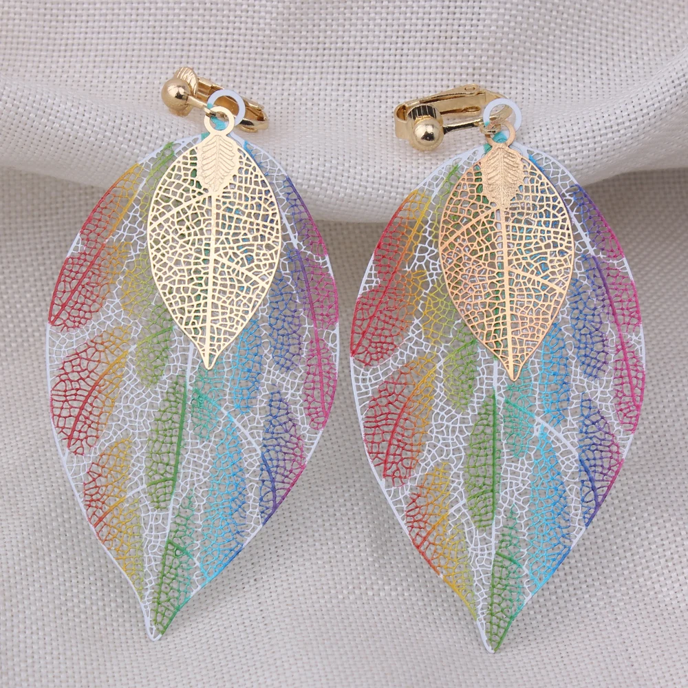 GRACE JUN High-grade Colorful Copper Material Double Leaf Clip on Earrings for Women  Xmas Earrings 11/11christmas Earrings New