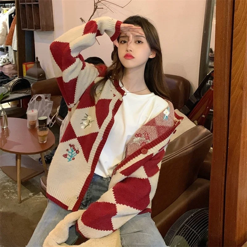 Sweater Cardigan Women Argyle Design Students Sweet Soft Retro Embroidery Fashion Loose Korean Style Autumn Christmas Casual Ins