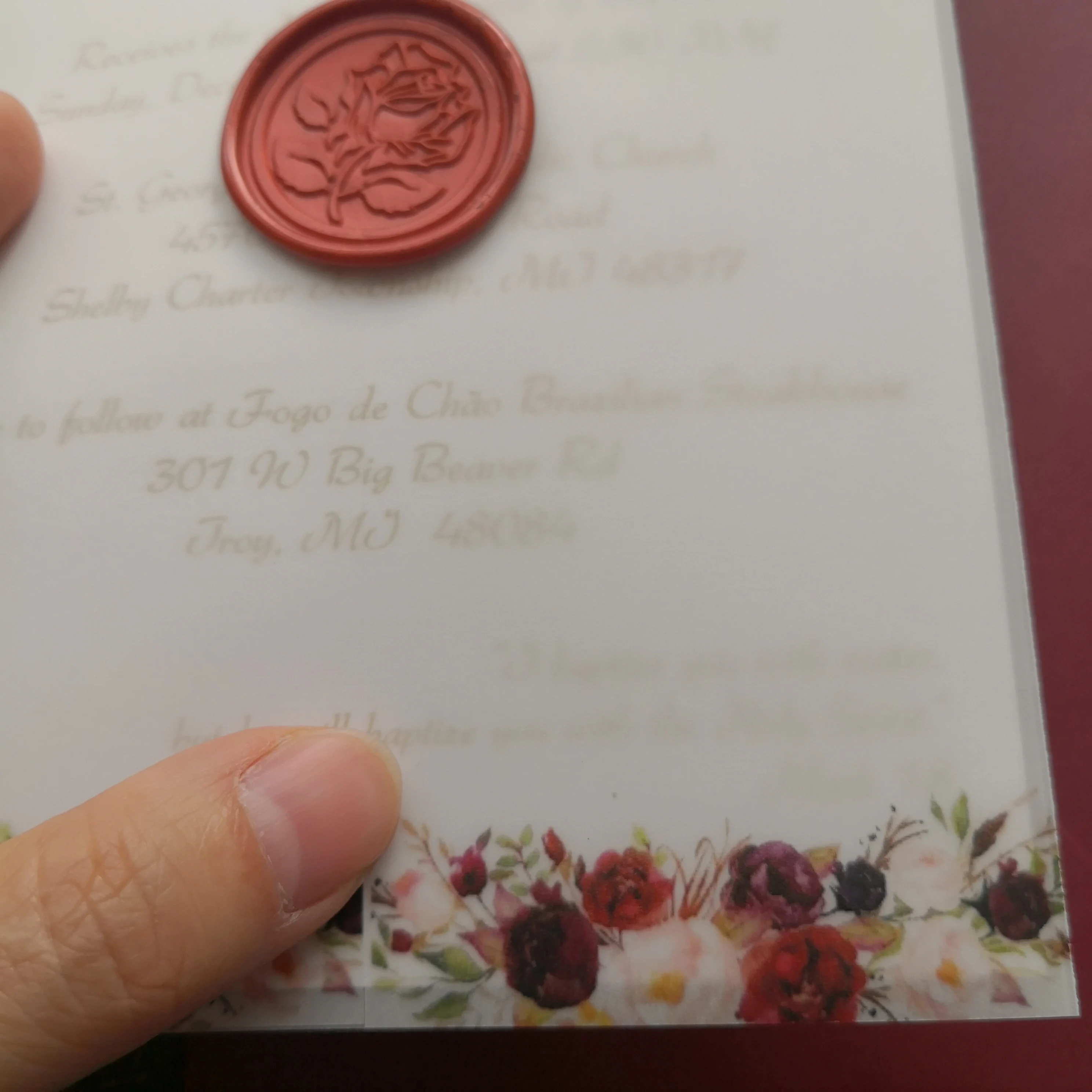 50pcs/set   burgundy floral decorated  invitation optional liner and Wax