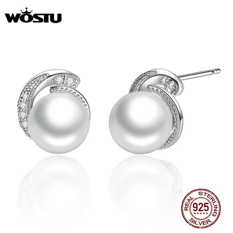 Wholesale Brand 100% Authentic 925 Sterling Silver Pearl Stud Earrings With Clear CZ For Women Luxury Jewelry Gift CQE021