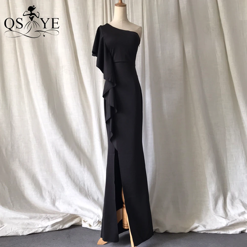 Black Long Evening Dresses Stretch Ruffles Prom Gown Slit Ends One Shoulder Party Dress Simple Plain Women Formal Dresses 2021