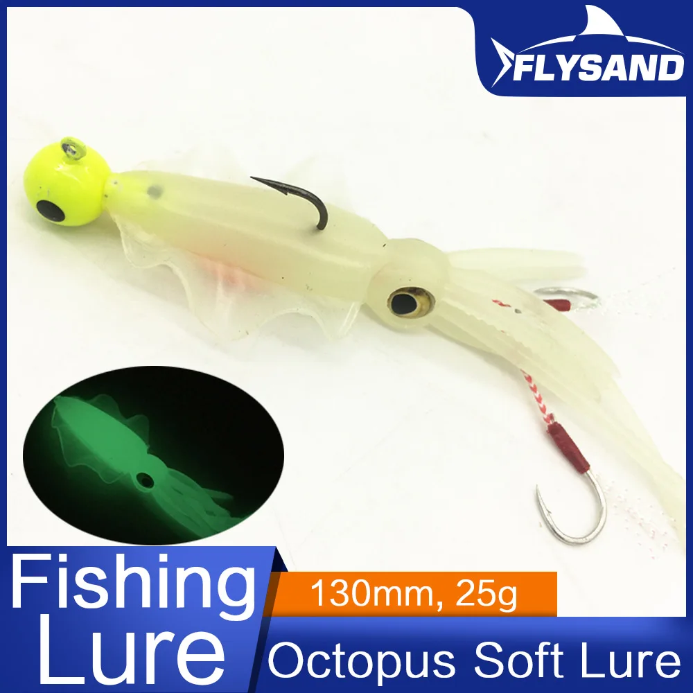 FLYSAND Luminous Octopus Squid Skirt Sea Fishing Wobbler Bait Squid Jig Fishing Tuna Lure Jig head hook 130mm Fishing Soft Lure