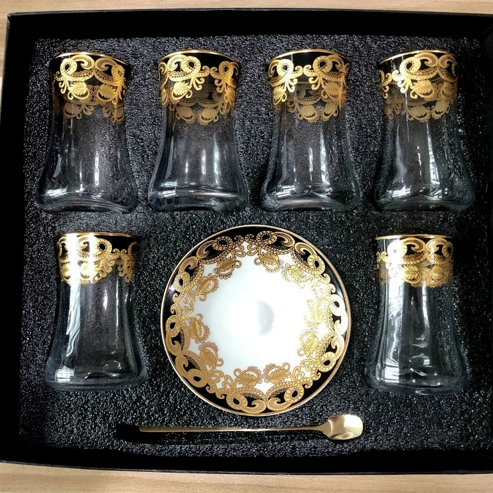 6 Sets Turkish Tea Glasses Cups Set Saucers with Spoon Coffee Cup Romantic Exotic Glass Tea Cup Kitchen Decoration Gift Box