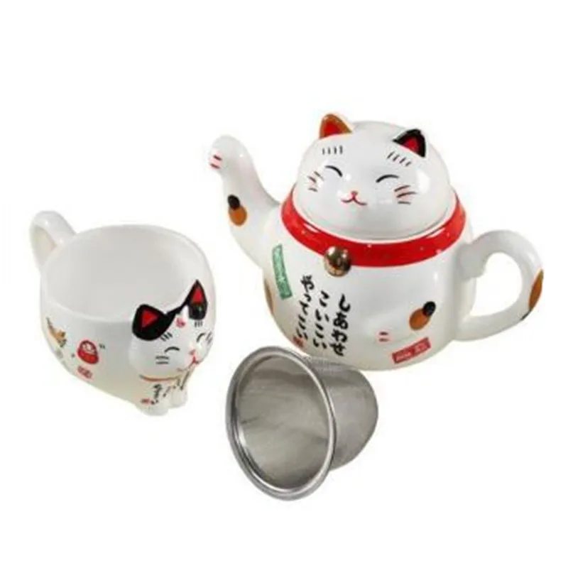 Japanese Lucky Cat Porcelain Tea Set Creative Fortune Cat Ceramic Tea Cup Pot with Strainer Lovely Plutus Cute Cat Teapot Mug