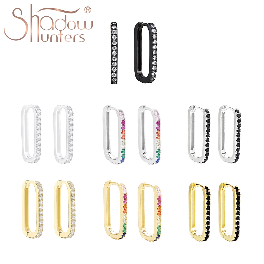 SHADOWHUNTERS Genuine 925 Sterling Silver Huggies Hoop Earrings Rainbow Crystal Square Hoops For Punk Women Jewelry Cool Gifts