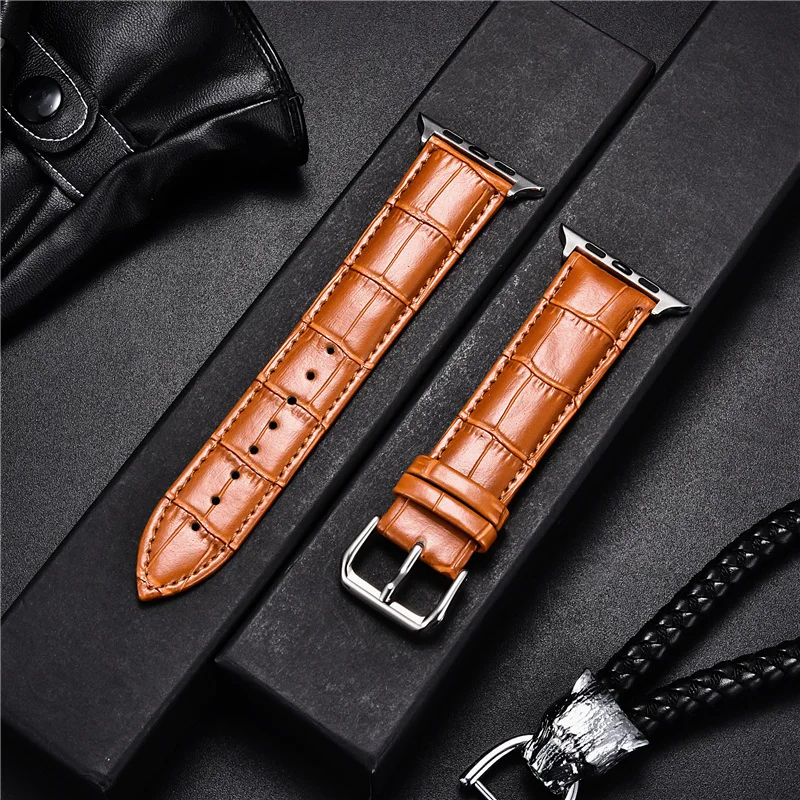 Genuine Cowhide Watchband for Apple Watch Ultra 8 7 6 SE 5 4 3 2 1 Bamboo Patterns Leather Strap 49/45/44/42mm 41/40/38mm