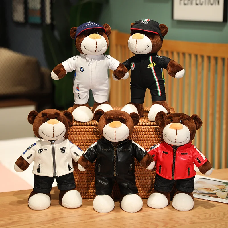 30Cm Creatieve Motorfiets Teddybeer Pluche Speelgoed Gevulde Zachte Kussen Beer Met Helm Jas Kleding Poppen Kids Jongens Leuk present