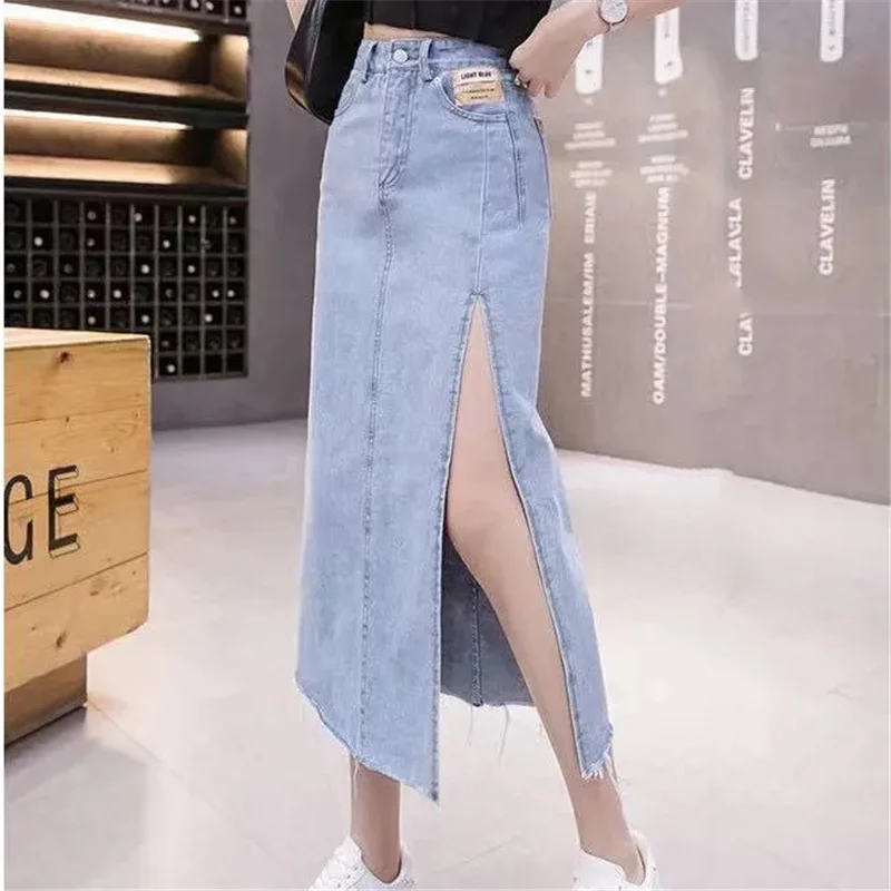 

Street Jeans Skirt 2024 Autumn Spring Summer Women's New High Waist Slit Denim Skirt Mid-Length Bag Hip Sexy Skirt Cotton 395