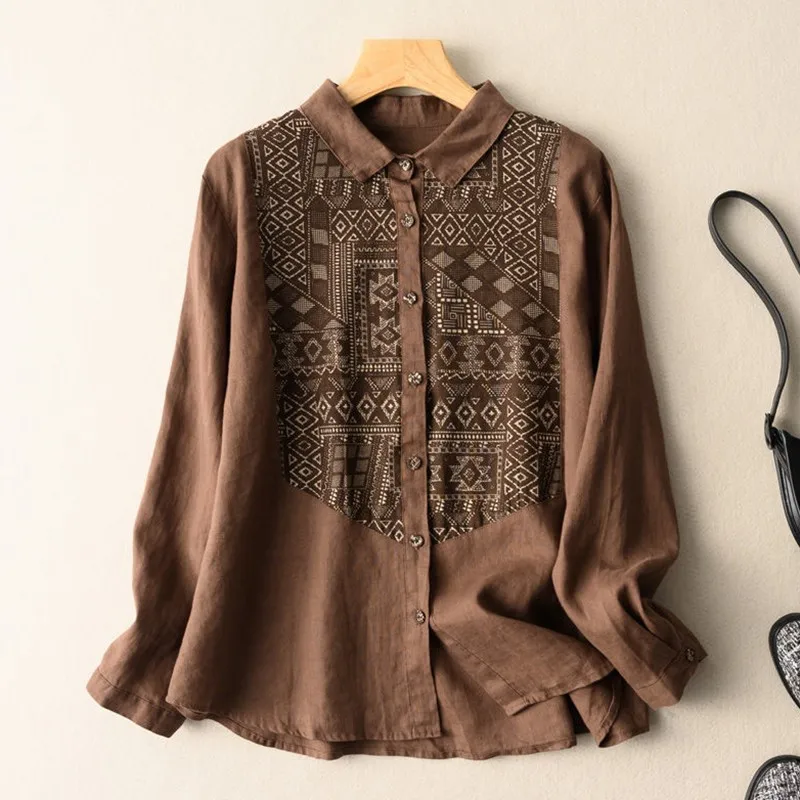 Women Cotton Linen Casual Shirts New Arrival 2021 Autumn Vintage Style Patchwork Color Ladies Long Sleeve Elegant Tops D060