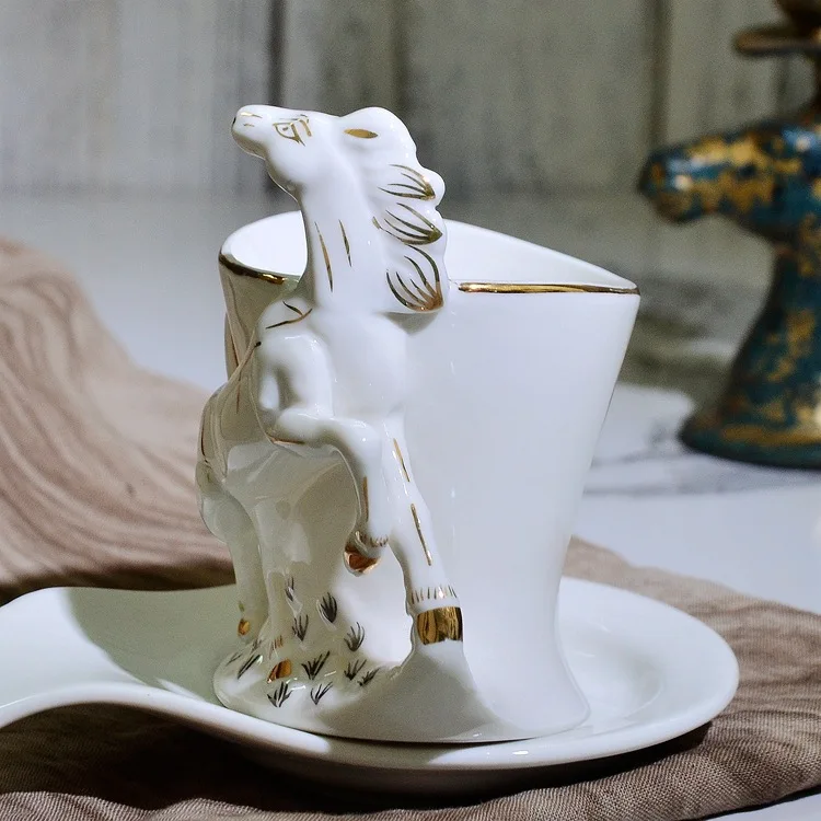 3D Beautiful embossed horse Mug with dish Porcelain Elegant Coffee Cup dish Black tea cups Ceramic Mugs Luxury Demitasse