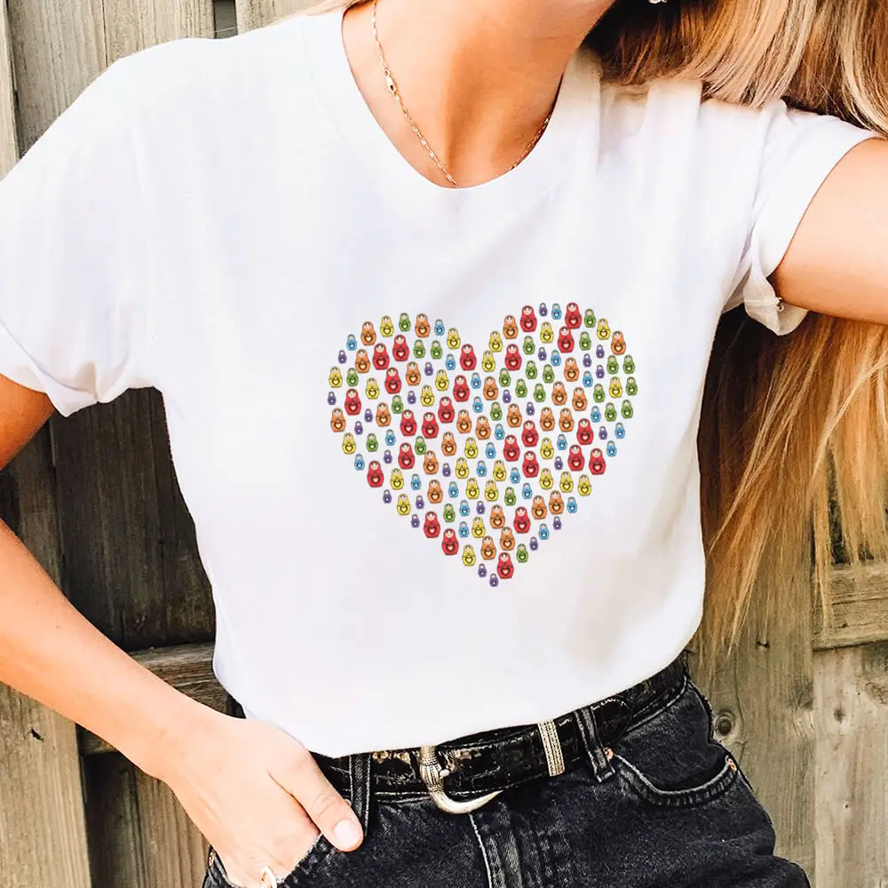 Matryoshka Heart Graphic Print 100%Cotton Women Tshirt Cool Girls Funny Summer Casual O-Neck Short Sleeve Tops Holiday Shirt