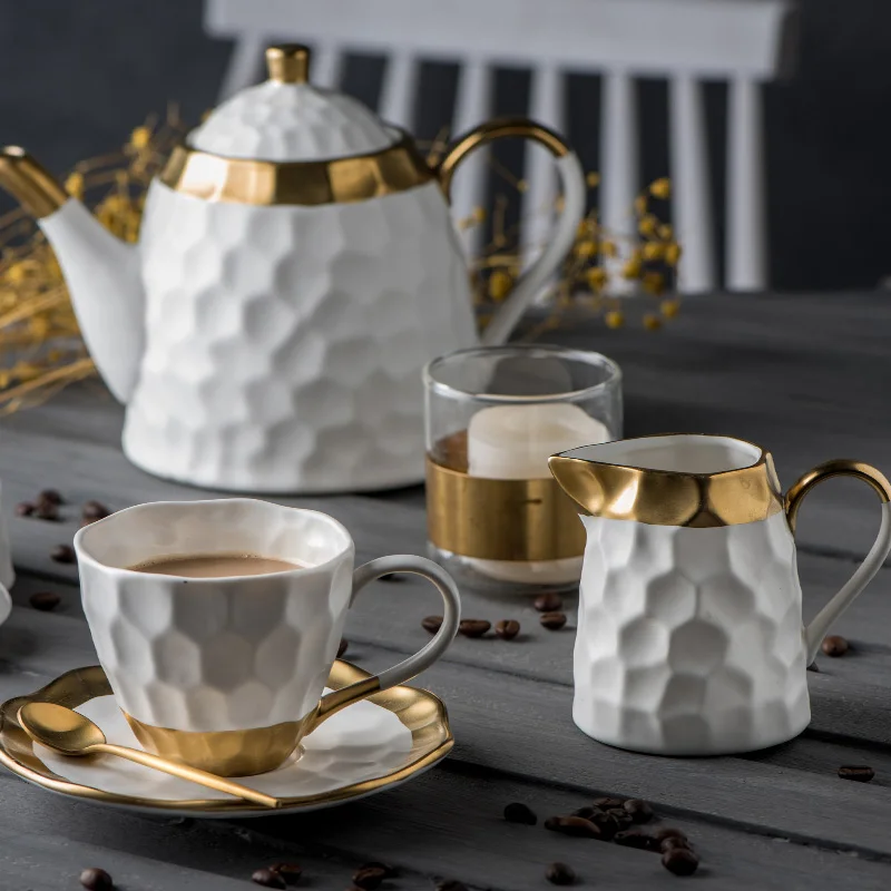 Coffee Cup Set Afternoon Cup Saucer Set  Bone China Teapot Golden Edge Milk Pot High-Grade Household ceramic Candy Jar