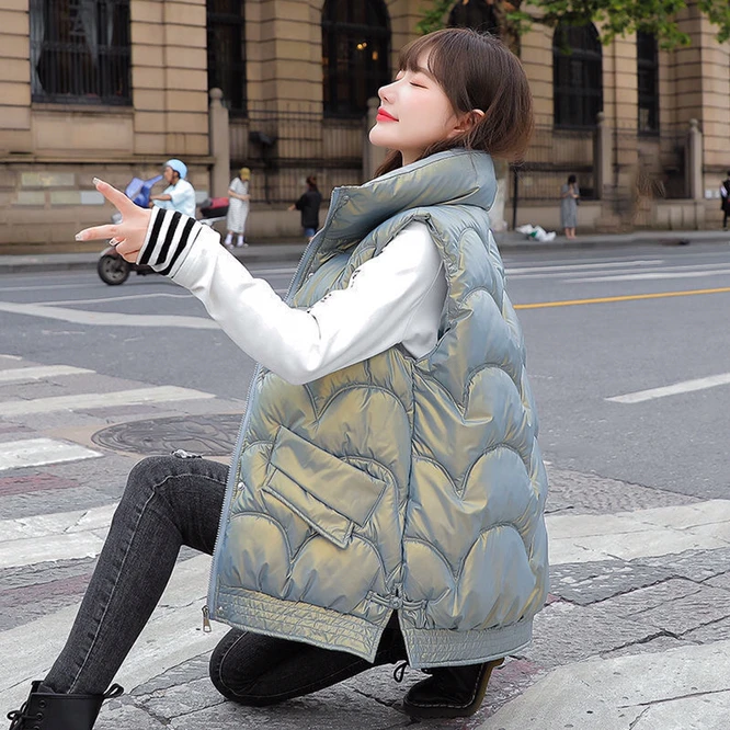 

2021 Autumn Winter Korean Loose Women's Vest Down Cotton Bright Fabric Wearing Warm Vest Girl Outdoor Student Blue