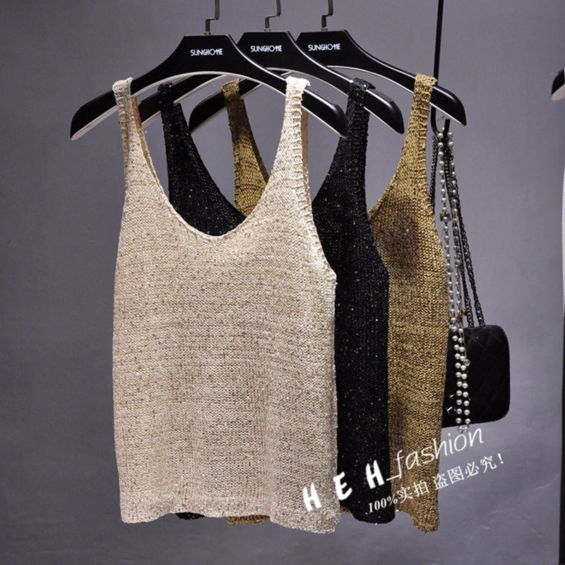 Spring and Summer of 2024 The New V-neck Condole Belt Knit Sequined Vest Outside The Joker Sleeveless T-shirt Top Coatt