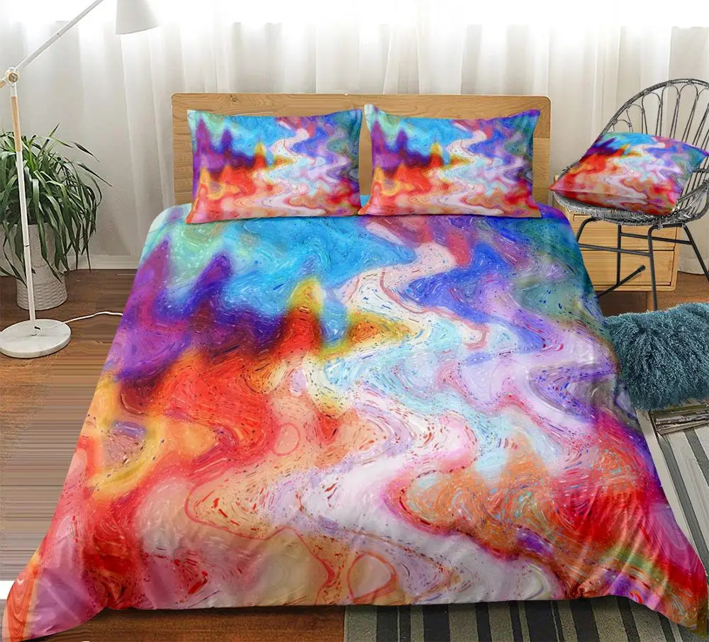 Watercolor Liquid Marble Bedding Set Abstract Rainbow Quicksand Quilt Cover Colorful Ripple Home Textiles Red Blue Dropship King