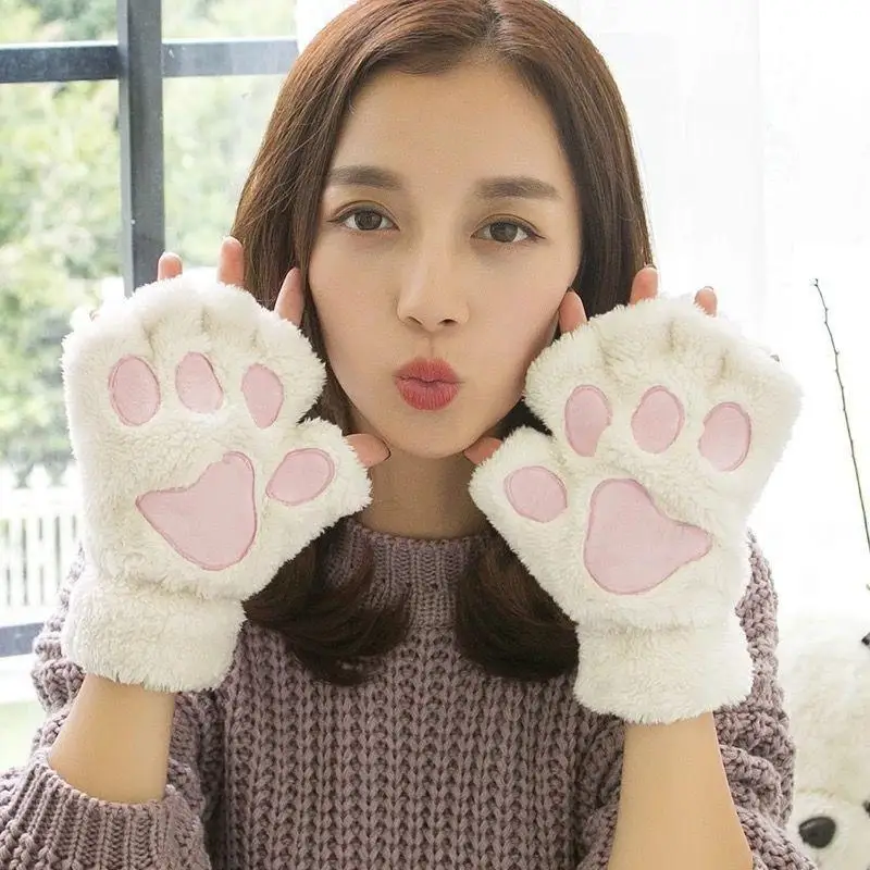 Cat\'s Paw Gloves Ladies Winter Korean Cute Girls Fingerless Thick Warm Bear\'s Paw Plush Half-Finger Fashion Gloves