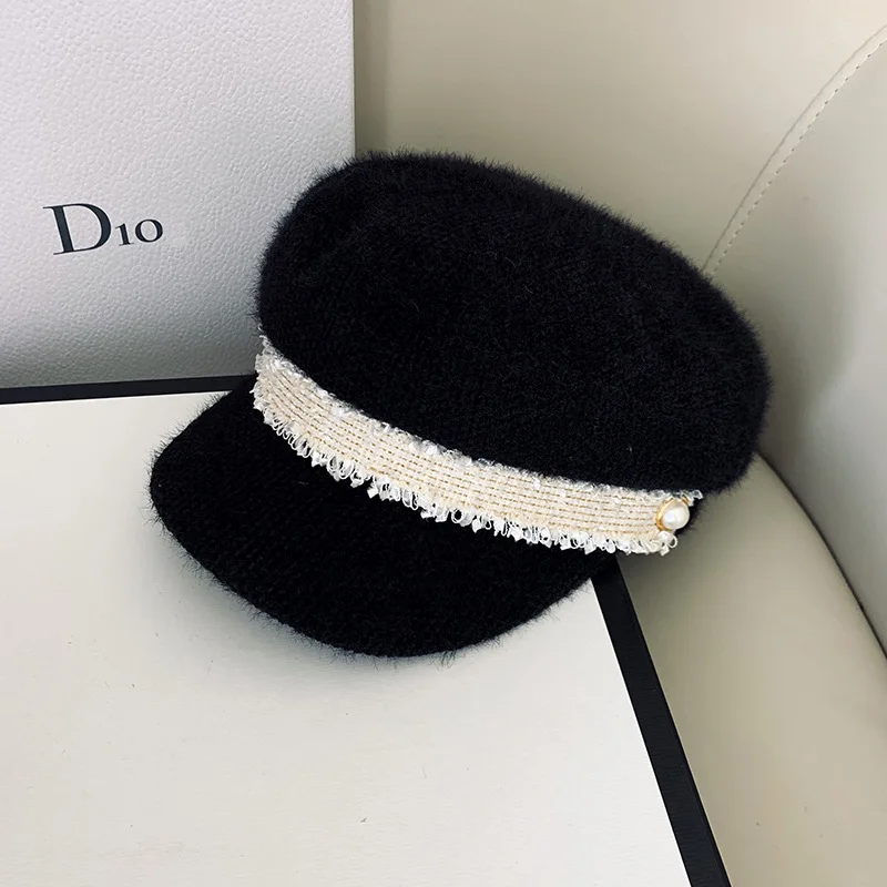 New autumn/winter 2021 plush flat navy hat fashion girl warm multi-functional pearl cap lace octagonal beret