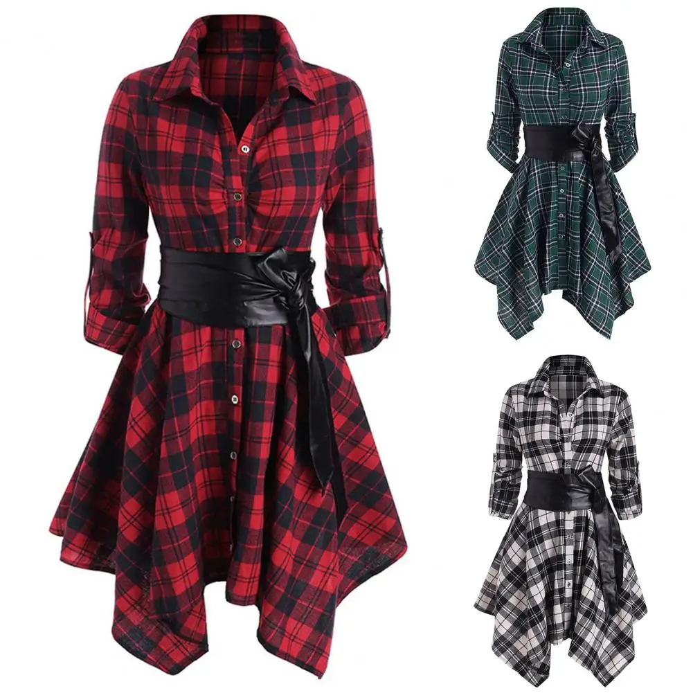 Pleated  Pretty Vintage Plaid Pattern Office Dress Washable Office Dress All-match   for Daily Wear