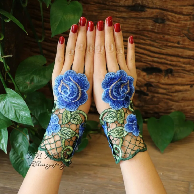 Conjunto de anillo y pulsera Retro de flores de encaje 3D para mujer, accesorios de guantes para fiesta en casa, decoraciones Rojas