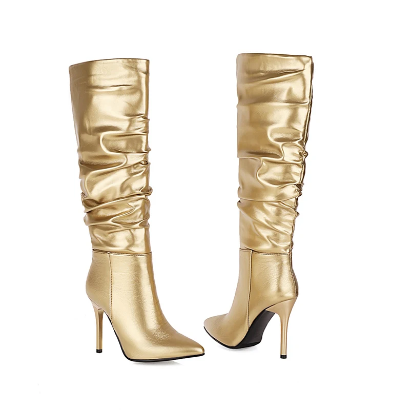 Kcenid-Botas plisadas hasta la rodilla para mujer, zapatos de tacón alto y fino con punta estrecha, color dorado y plateado, para fiesta, Otoño e