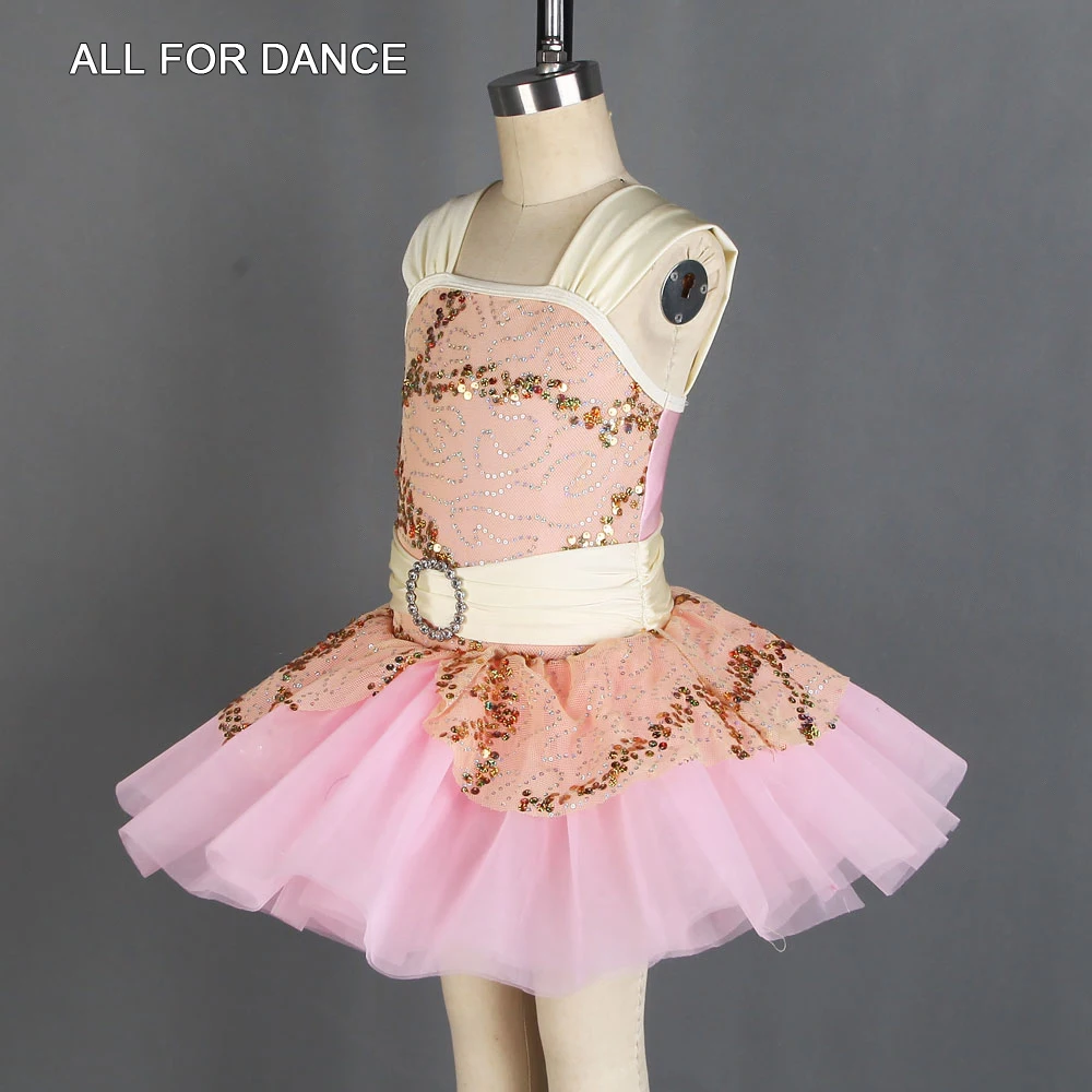 20129 Ivory Sequin Net With Pink Spandex Top Ballet Dance Skirt For Little Ballet Girl Stage Performance Dance Dress