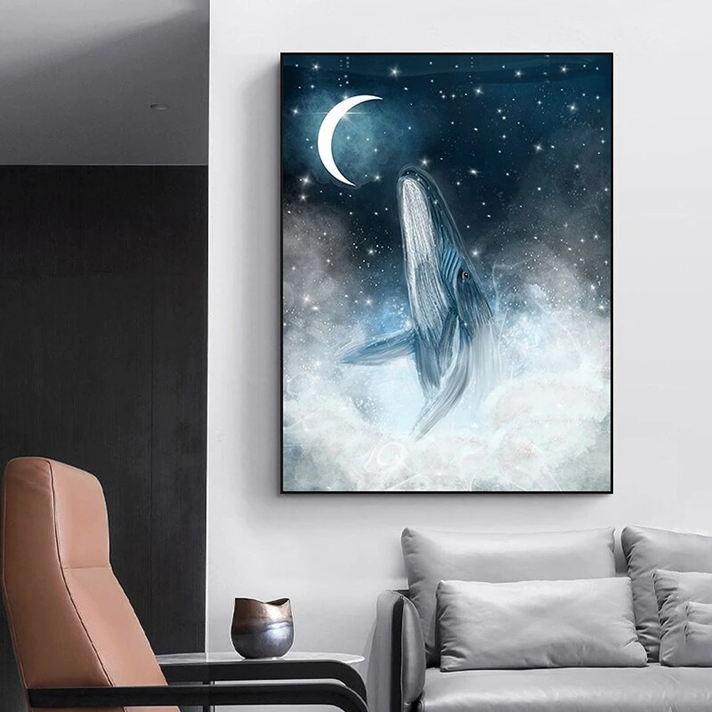 

Lovely Blue Whale Canvas Painting Modern Moon Seascape Poster And Prints Home Decoration Cuadros Wall Picture For Children